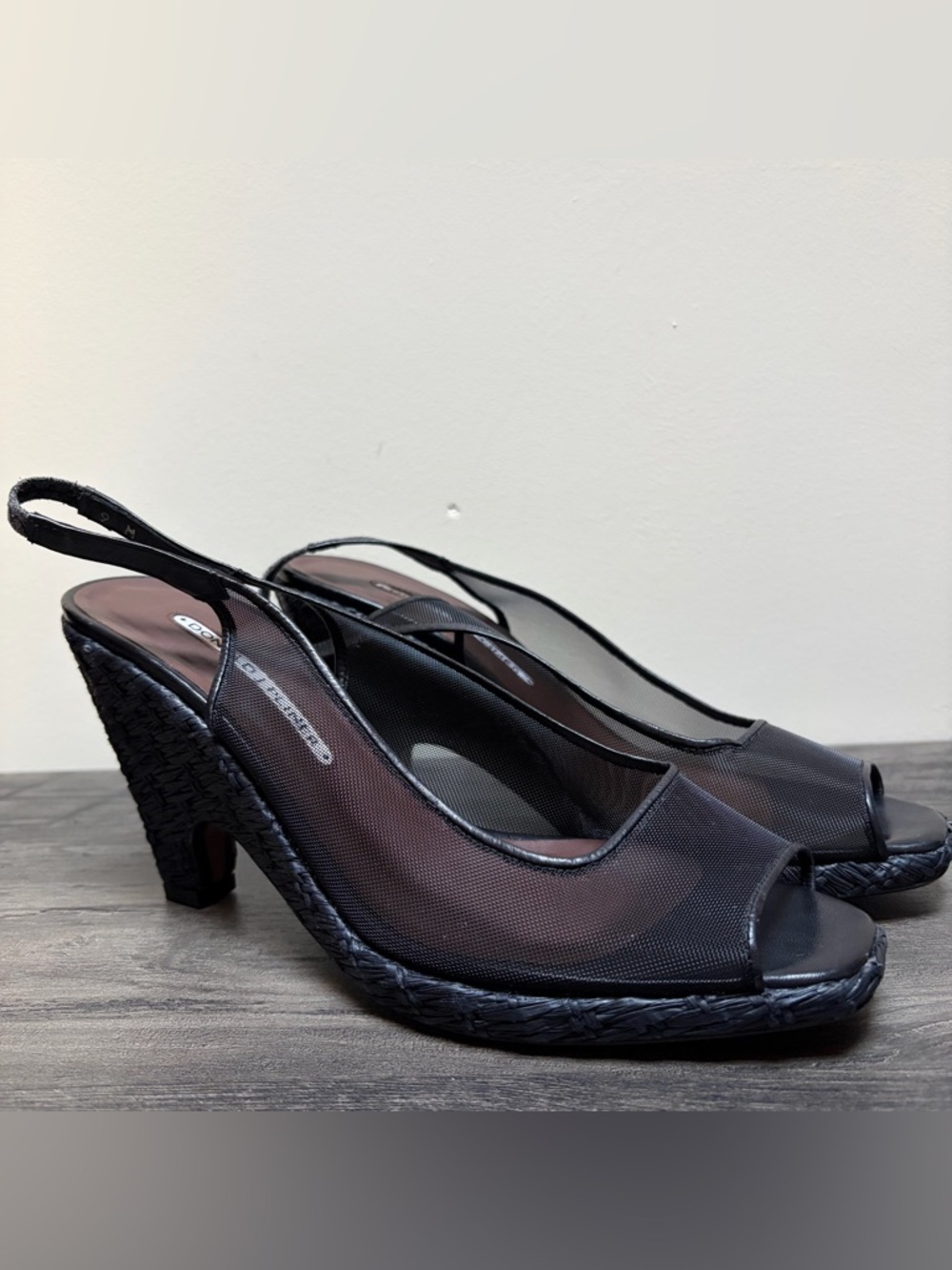 Donald Pliner Black Mesh Raffia Slingback Wedge Heel Sandals Leather Spain Sz 9